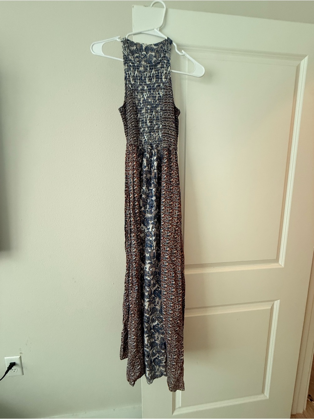 Japna Smocked Halter Midi Dress in Blue and Brown